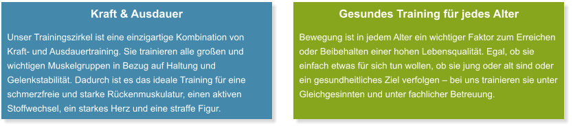 Kraft & Ausdauer Unser Trainingszirkel ist eine einzigartige Kombination von Kraft- und Ausdauertraining. Sie trainieren alle großen und wichtigen Muskelgruppen in Bezug auf Haltung und Gelenkstabilität. Dadurch ist es das ideale Training für eine schmerzfreie und starke Rückenmuskulatur, einen aktiven Stoffwechsel, ein starkes Herz und eine straffe Figur. Gesundes Training für jedes Alter Bewegung ist in jedem Alter ein wichtiger Faktor zum Erreichen oder Beibehalten einer hohen Lebensqualität. Egal, ob sie einfach etwas für sich tun wollen, ob sie jung oder alt sind oder ein gesundheitliches Ziel verfolgen – bei uns trainieren sie unter Gleichgesinnten und unter fachlicher Betreuung.